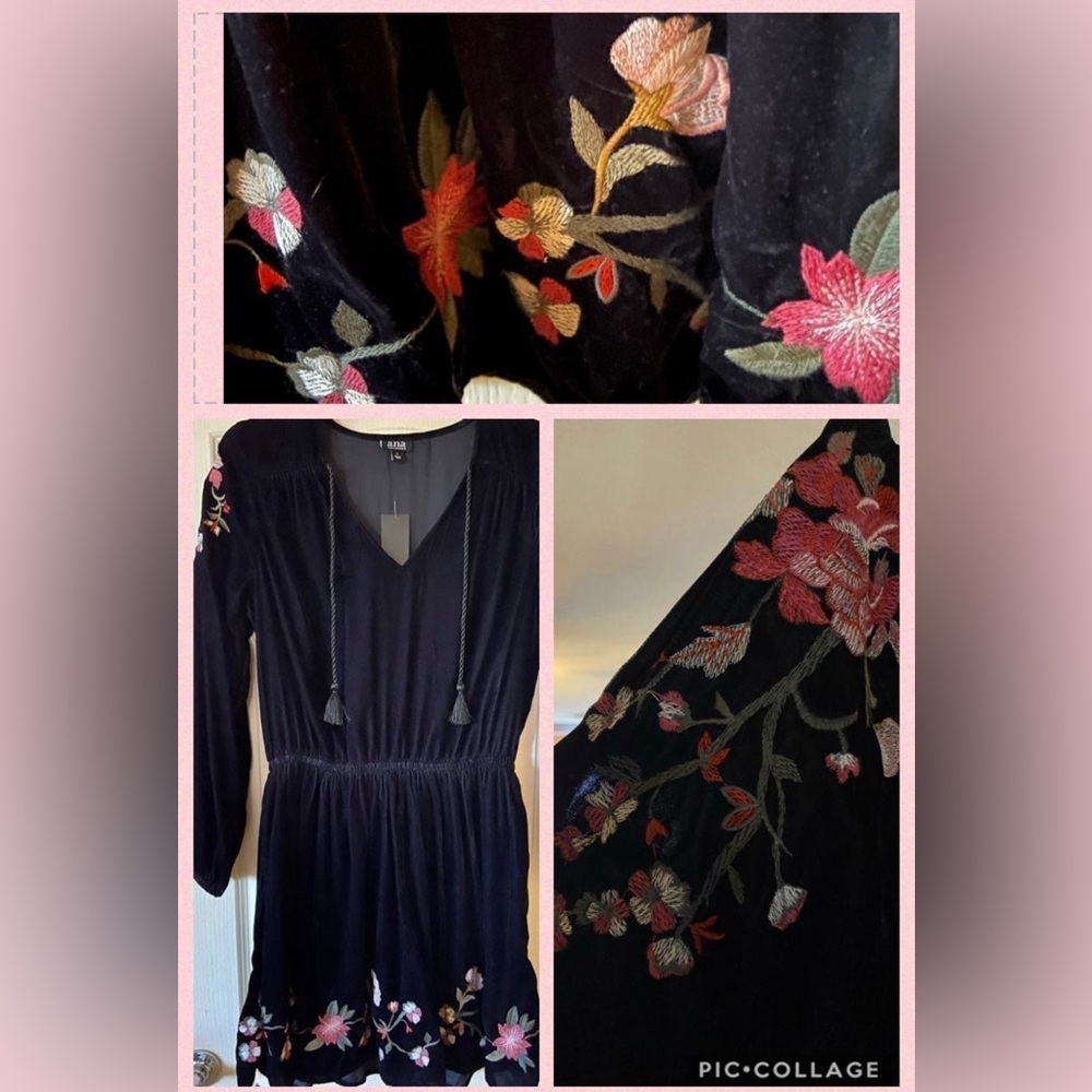 Black Velvet Floral Embroidery Dress 20” Bust, 15” Waist, 38.5” L. PRICE IS FIRM - Picture 2 of 7